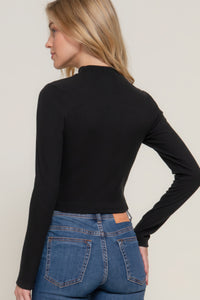 Long slv mock neck kyehole rib knit top