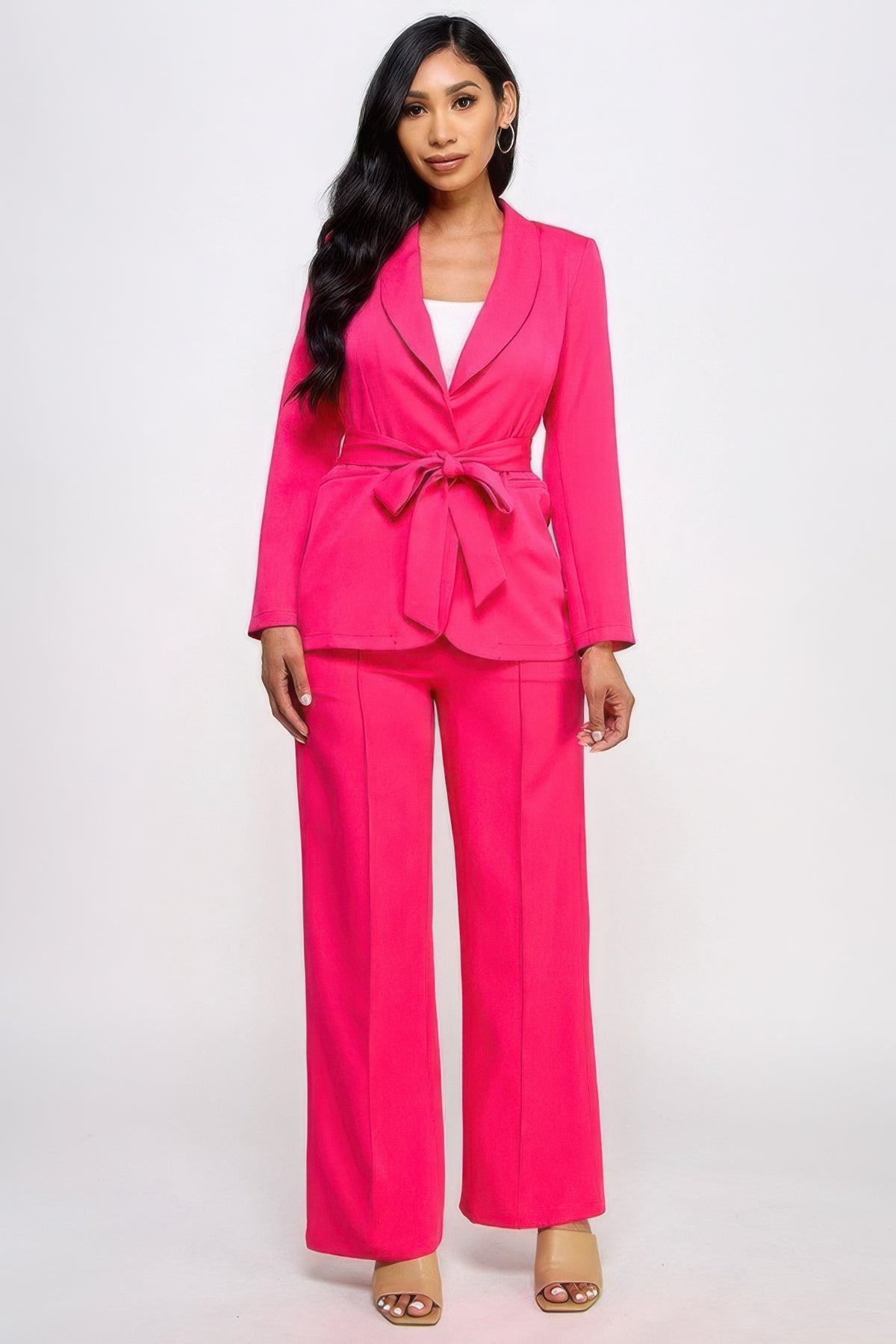 Waist Tie Blazer With Wide Leg Pants Set