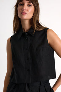Black Buttoned Sleeveless Linen Vest -  Tops - Empress De Luxe