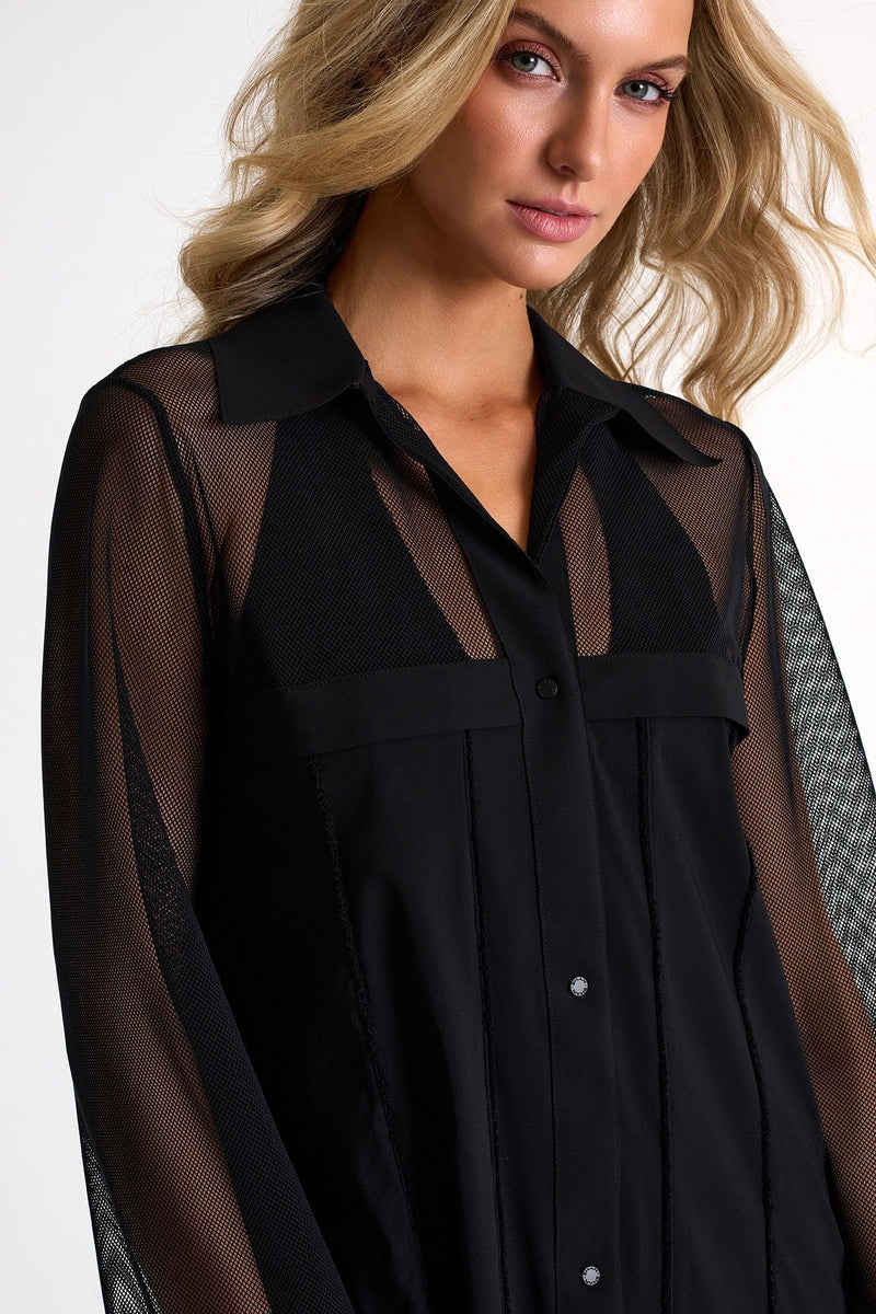 Black Grid Mesh Beach Shirt in Swimwear at Empress De Luxe.