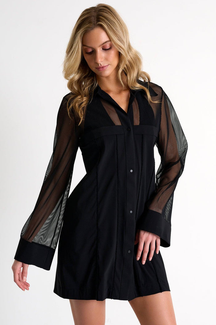 Black Grid Mesh Beach Shirt in Swimwear at Empress De Luxe.