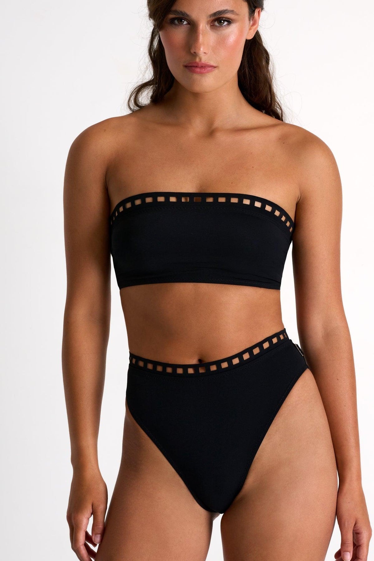 Black High-Waisted Bikini Bottom With Mosaic Cutouts -  Swimwear - Empress De Luxe