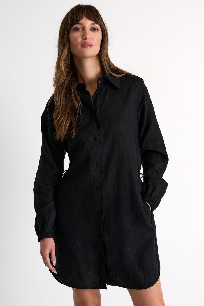 Black Linen Shirt Dress -  Dresses - Empress De Luxe