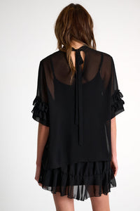 Black sheer dress with ruffled sleeves and hem on a white background