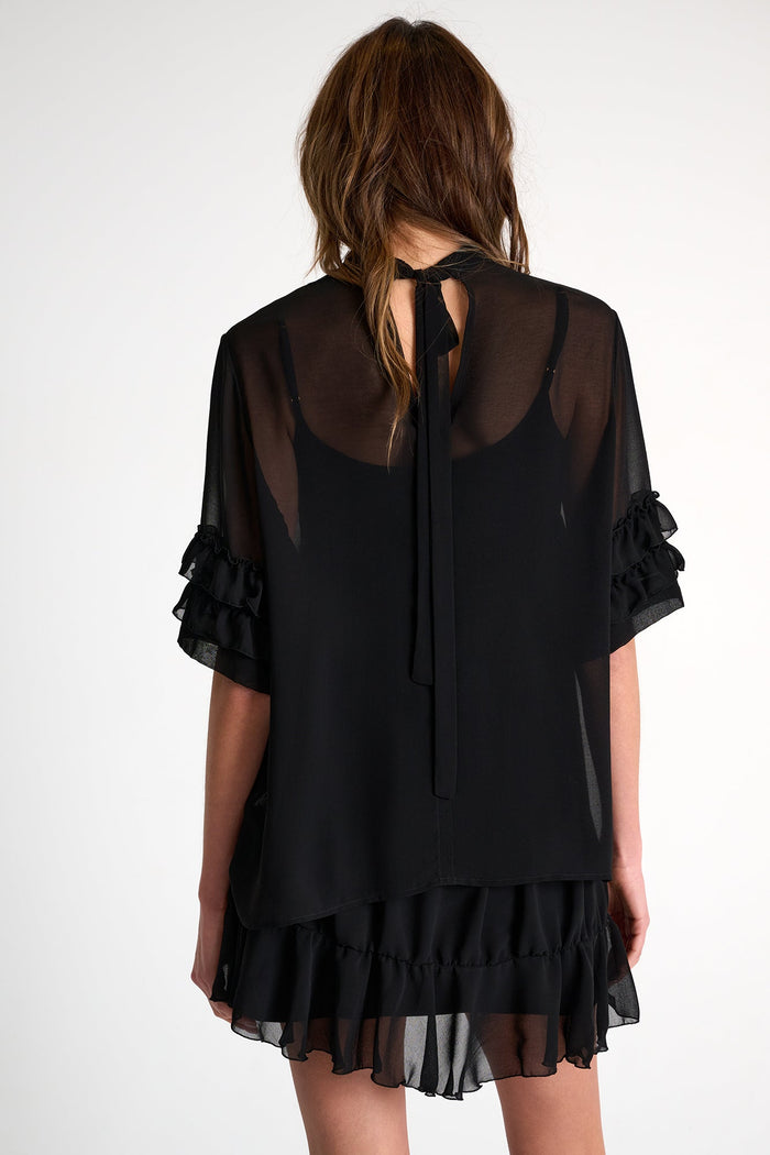 Black sheer dress with ruffled sleeves and hem on a white background