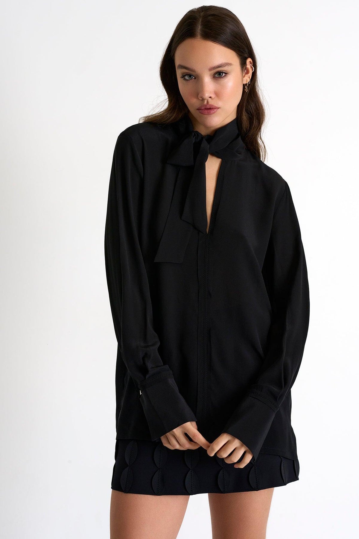 Caviar Black Bow-Tie Neck Silk Blouse -  Tops - Empress De Luxe