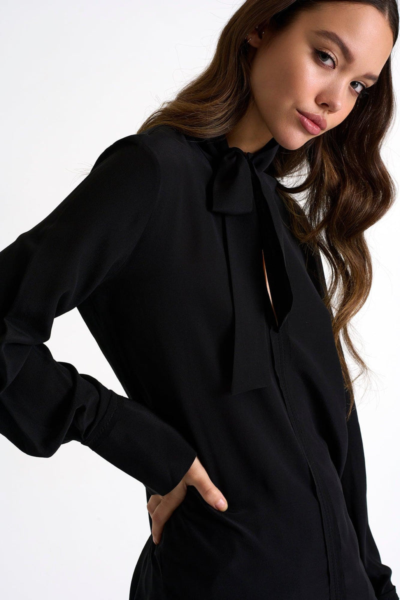 Caviar Black Bow-Tie Neck Silk Blouse -  Tops - Empress De Luxe