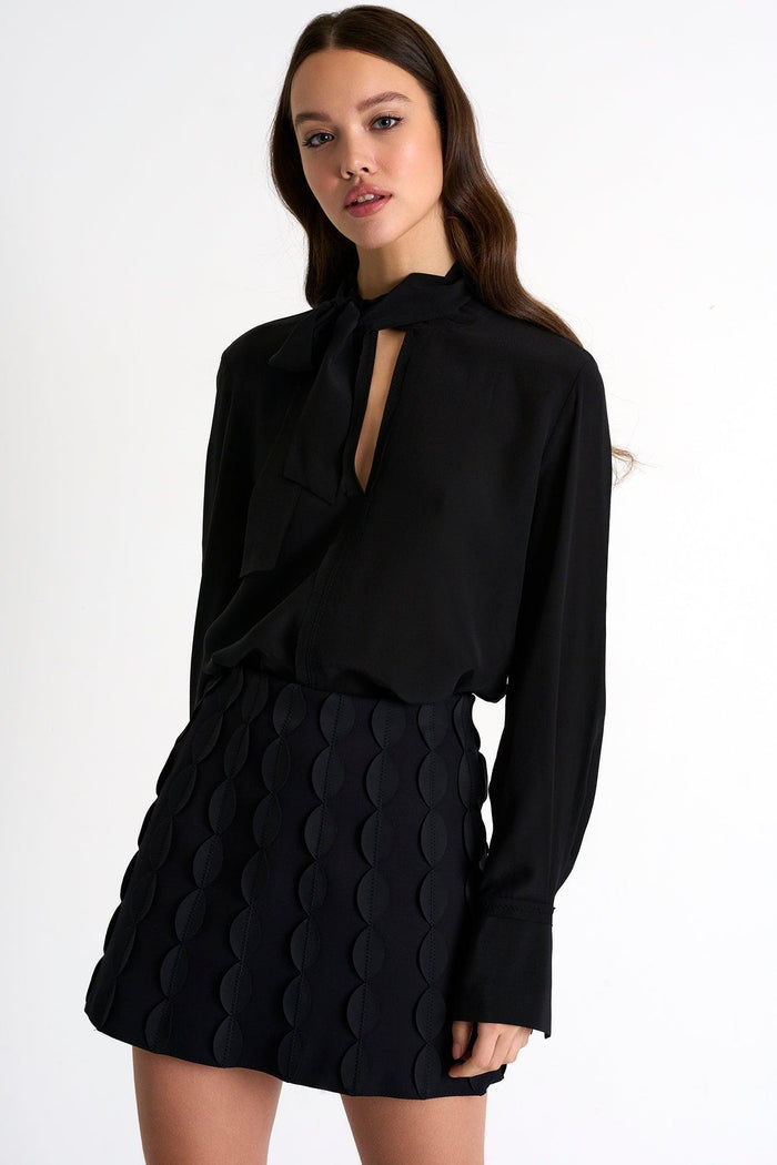 Caviar Black Bow-Tie Neck Silk Blouse -  Tops - Empress De Luxe