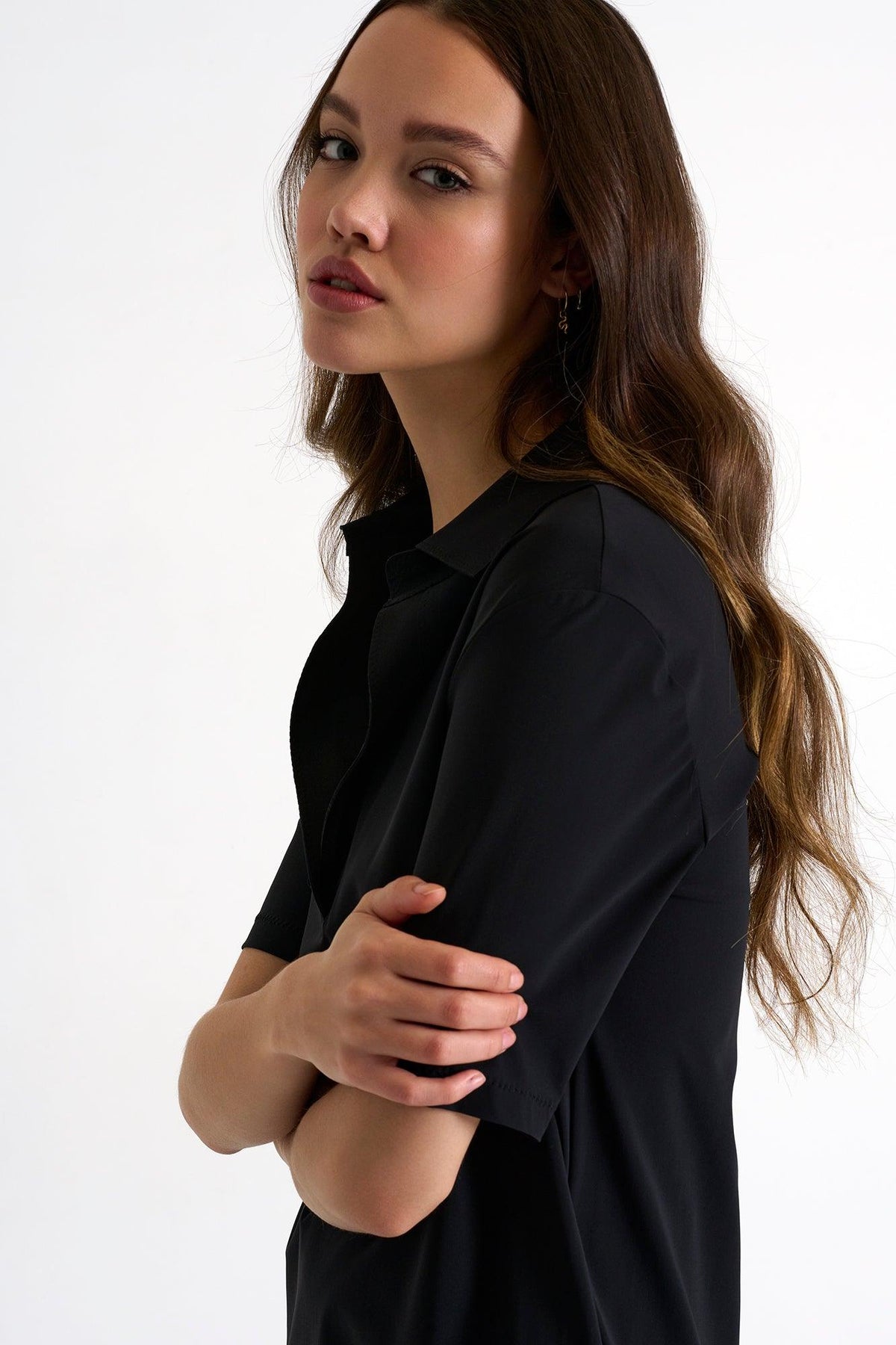 Caviar Black Short Sleeve Lycra Polo Dress -  Tunic - Empress De Luxe