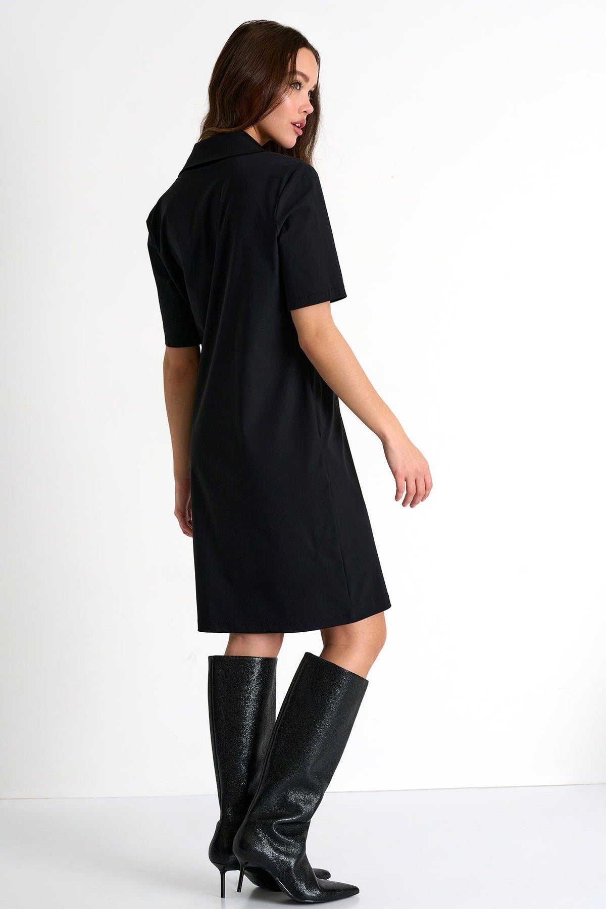 Caviar Black Short Sleeve Lycra Polo Dress -  Tunic - Empress De Luxe