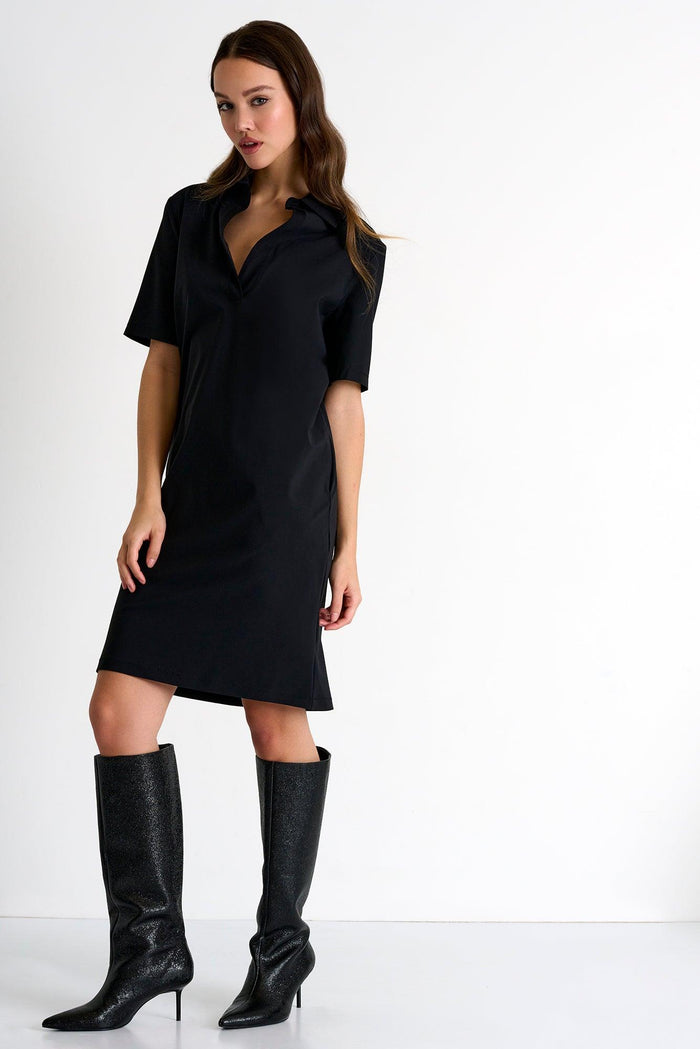 Caviar Black Short Sleeve Lycra Polo Dress -  Tunic - Empress De Luxe