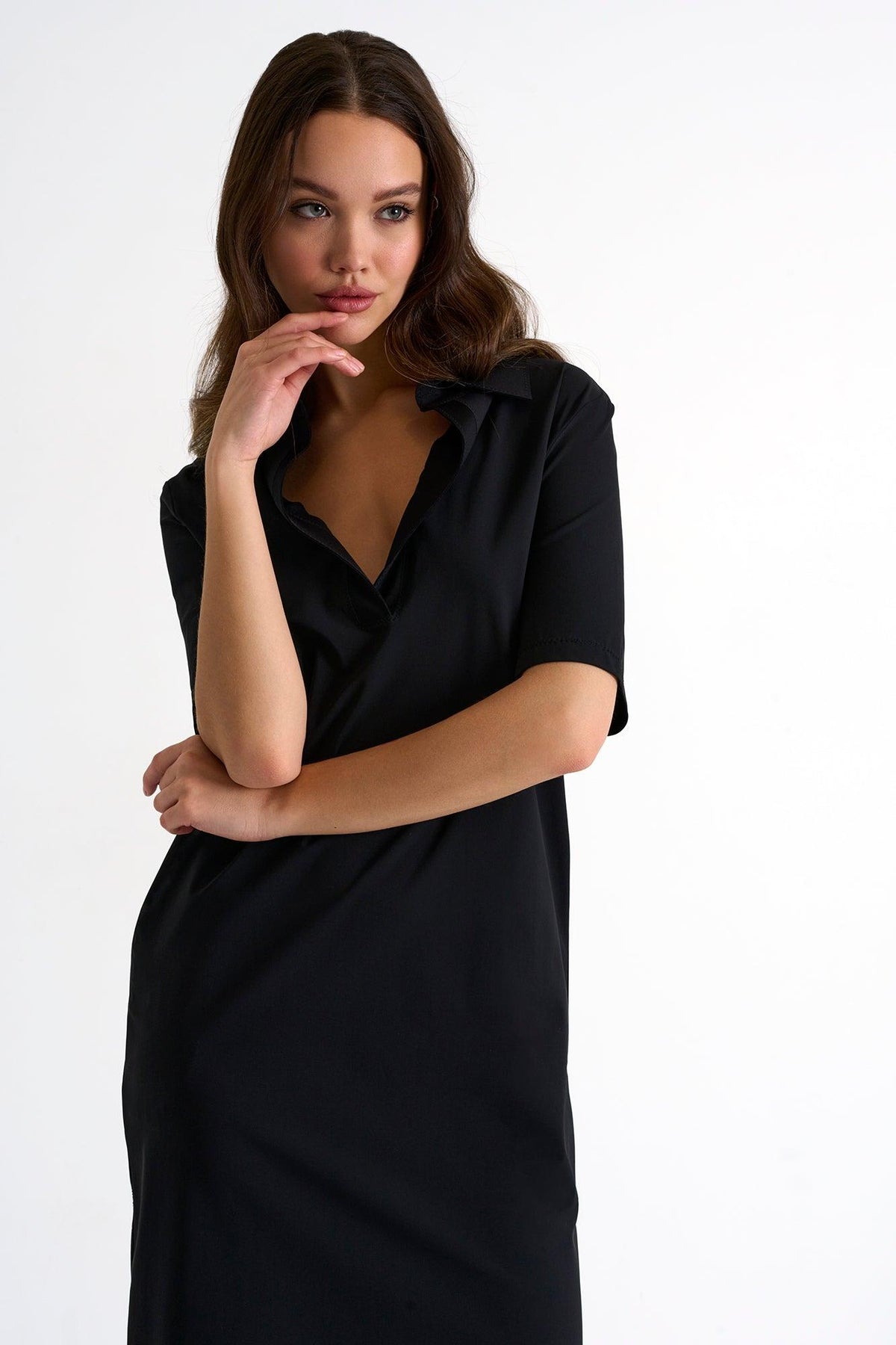 Caviar Black Short Sleeve Lycra Polo Dress -  Tunic - Empress De Luxe