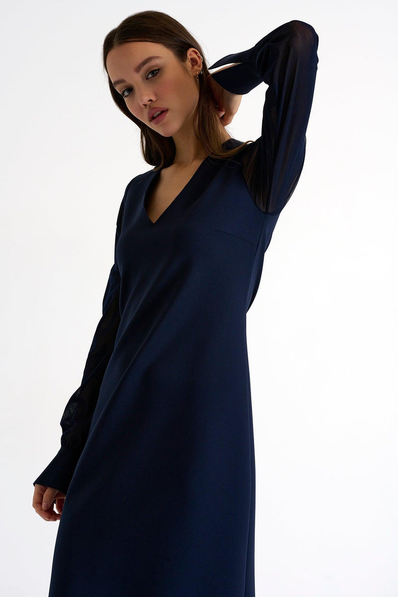 Navy Sheer Sleeve Elegant Dress -  Dresses - Empress De Luxe