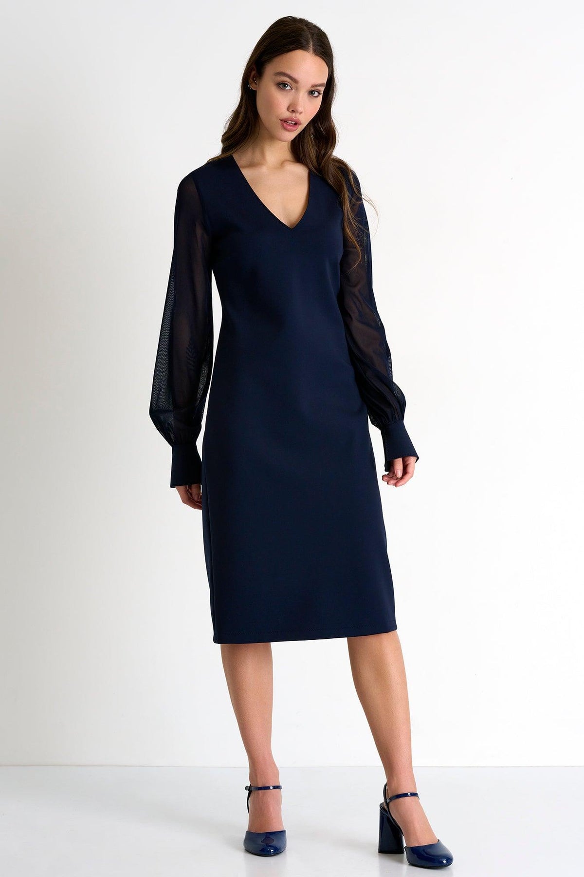Navy Sheer Sleeve Elegant Dress -  Dresses - Empress De Luxe