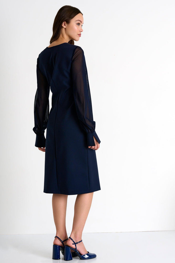 Navy Sheer Sleeve Elegant Dress -  Dresses - Empress De Luxe